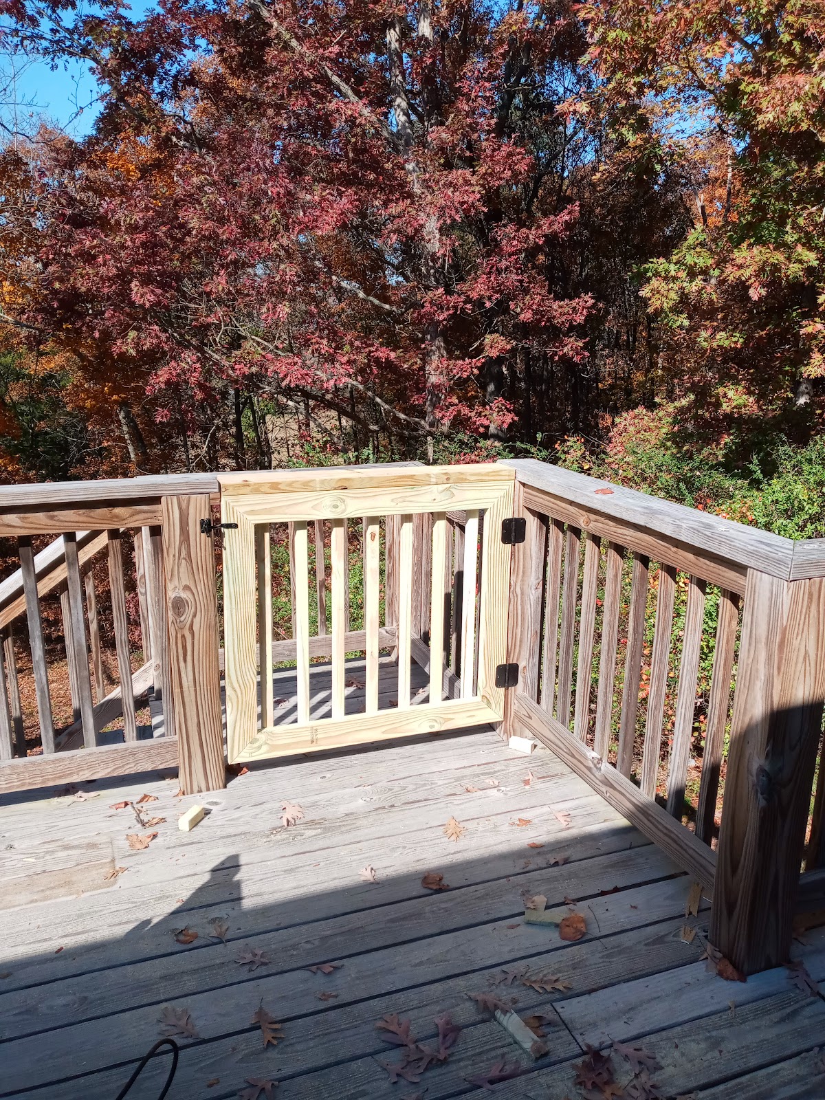 Wood deck with railings and a newly built wood gate