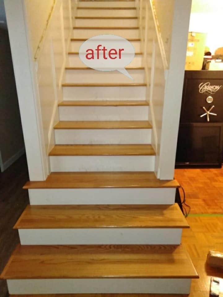 Rebuilt interior stairs with wood treads and white risers, labeled after
